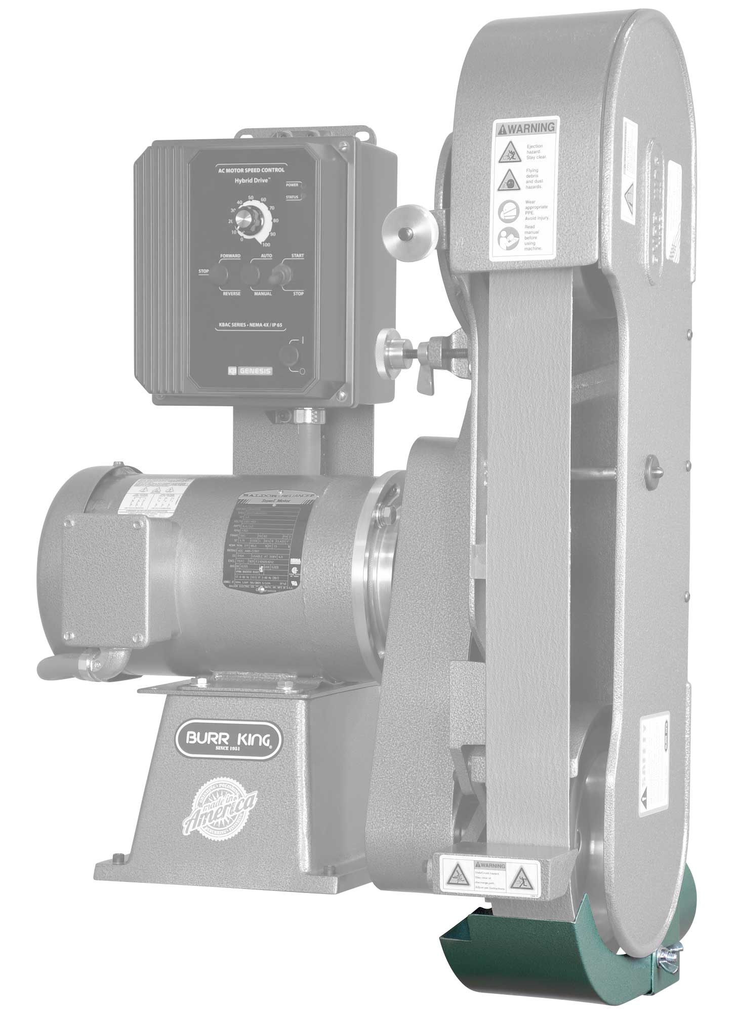 DS9F-2 full wrap dust scoop shown on a Burr King variable speed 960-250 belt grinder